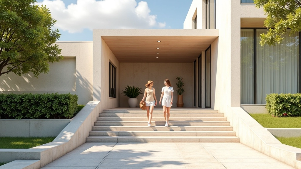 Community center entrance with people walking up steps, welcoming modern building architecture, natural daylight