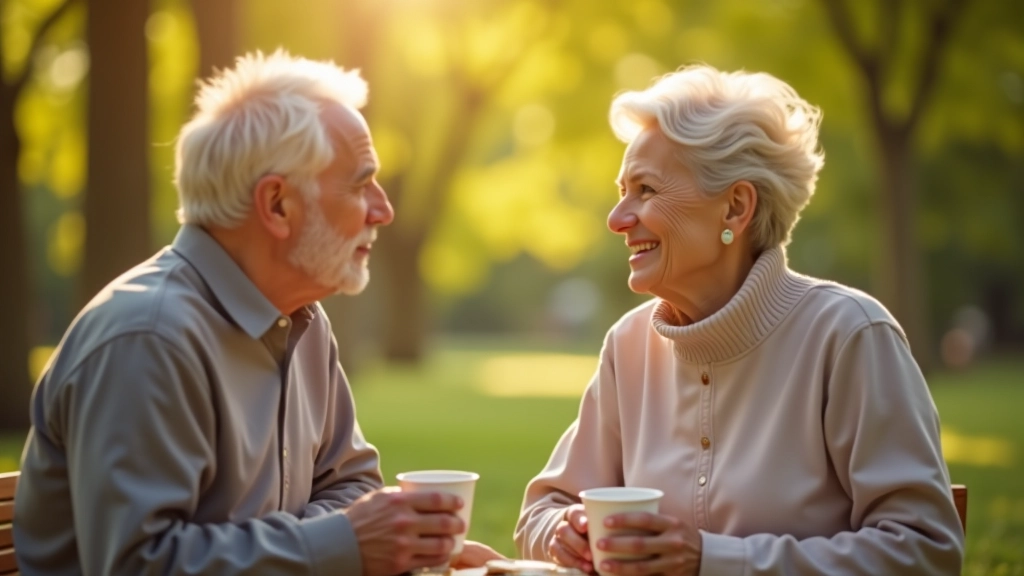 Adult man and woman aged 50-55 having coffee and conversation outdoors in park, warm sunlight, relaxed connected moment