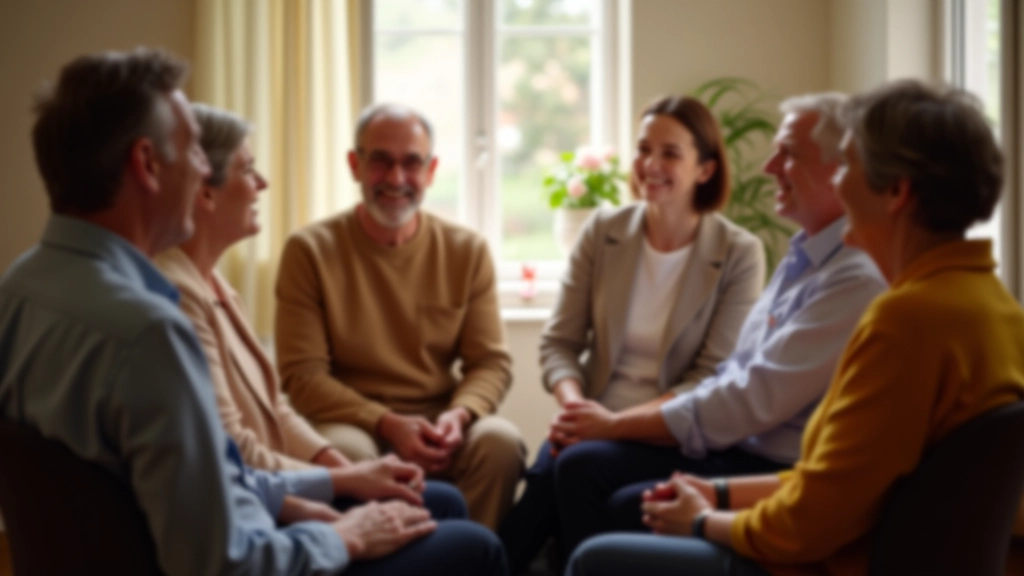 Support group circle of adults sitting together in conversation, engaged and supportive atmosphere
