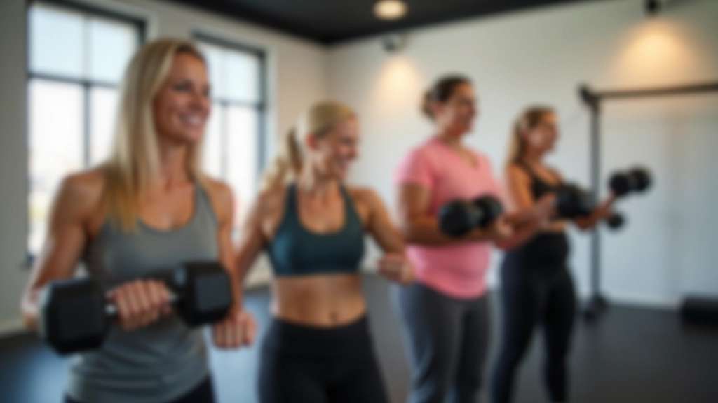 Group of diverse people in exercise class doing strength training with weights in modern fitness studio