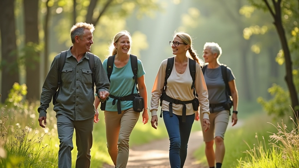 Small group of people hiking together on nature trail, smiling and connected