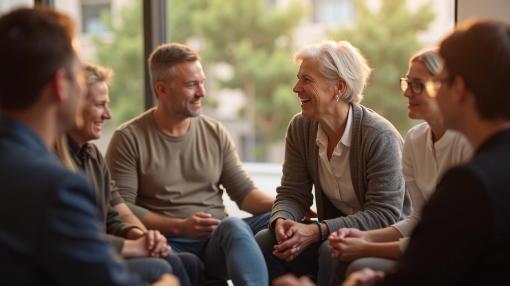 People in community workshop or group discussion sitting in circle with natural light and supportive atmosphere