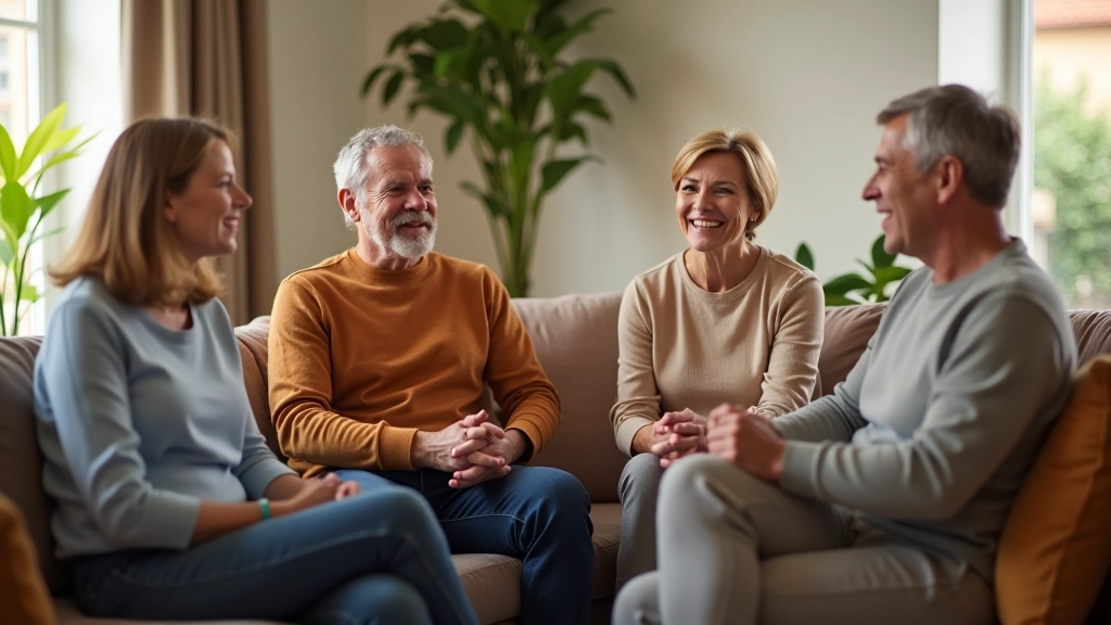 Group of adults in their 50s having a conversation in a modern living room, natural warm lighting, relaxed atmosphere