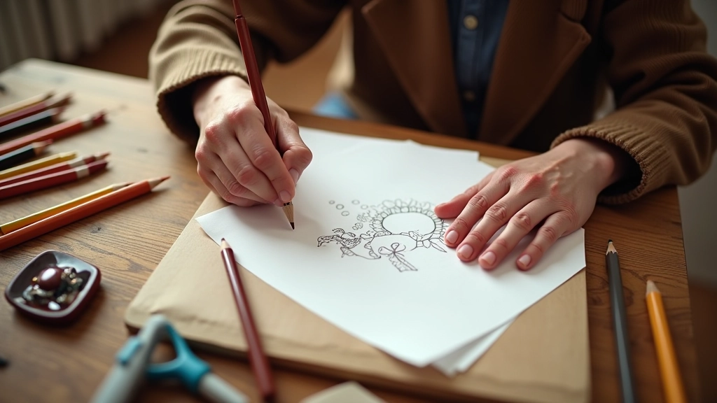 Hands working creatively with colored pens and paper, artistic workspace, overhead view, natural lighting