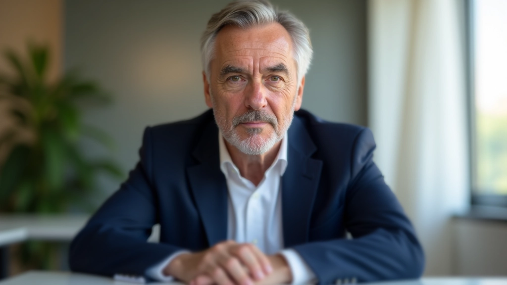 Mature professional man aged 50-55 in blazer, sitting at modern desk with notebook, thoughtful expression, bright office with plants