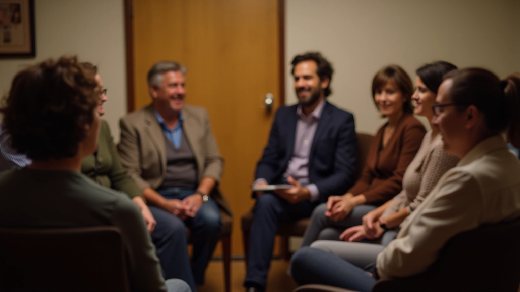 Small group of people sitting in circle during discussion meeting, focused conversation, warm indoor lighting
