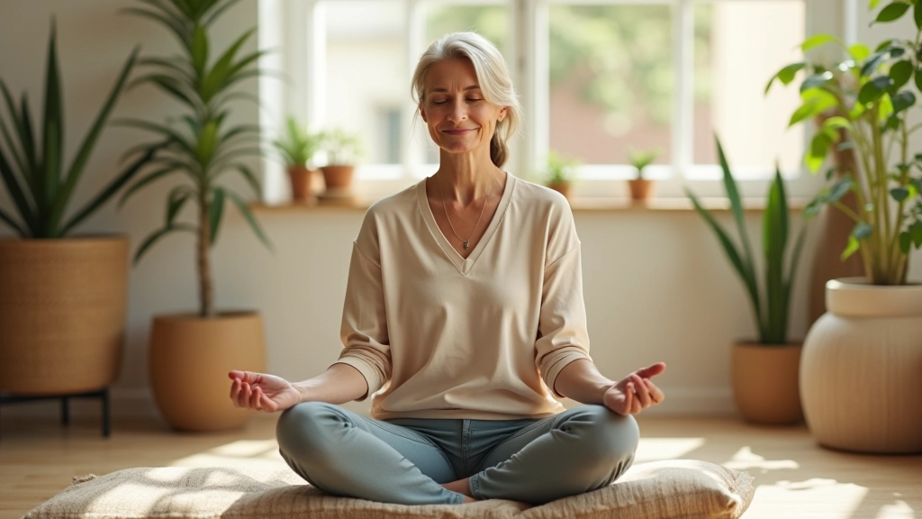 Woman meditating in peaceful home environment with soft natural light and plants
