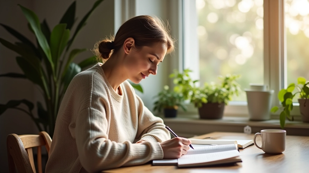 Person writing in journal with coffee cup and plants at desk with natural window light