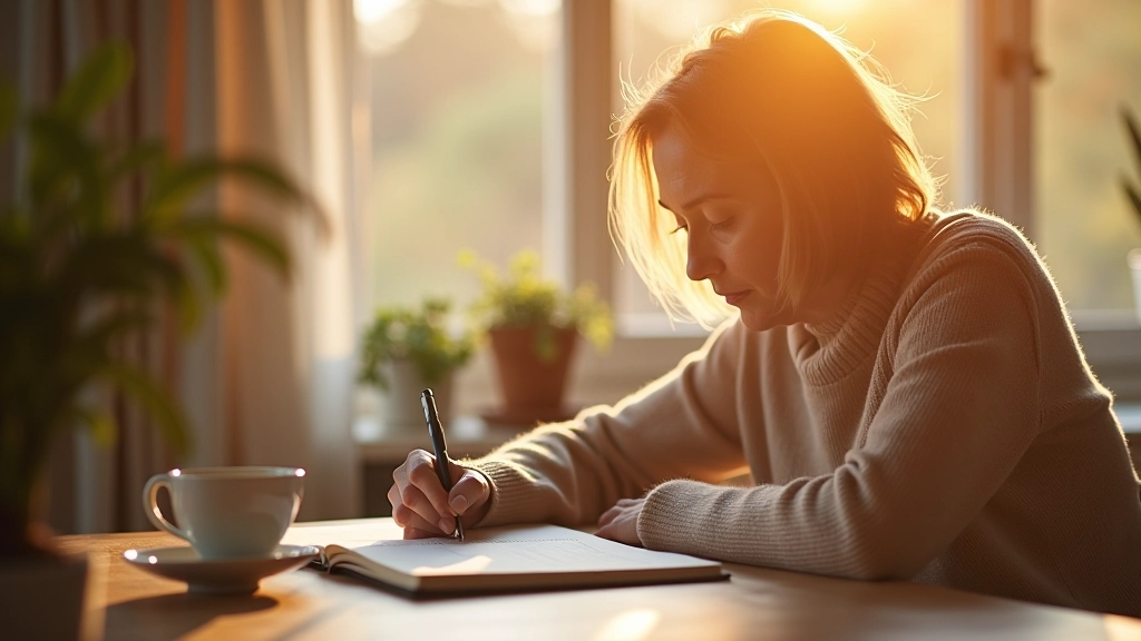 Woman aged 48-52 writing in journal with coffee cup on wooden desk, peaceful focused expression, warm morning light