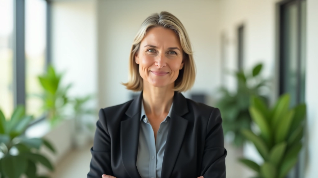 Mature woman aged 50-55 in professional setting, confident posture, modern office background with natural light and plants
