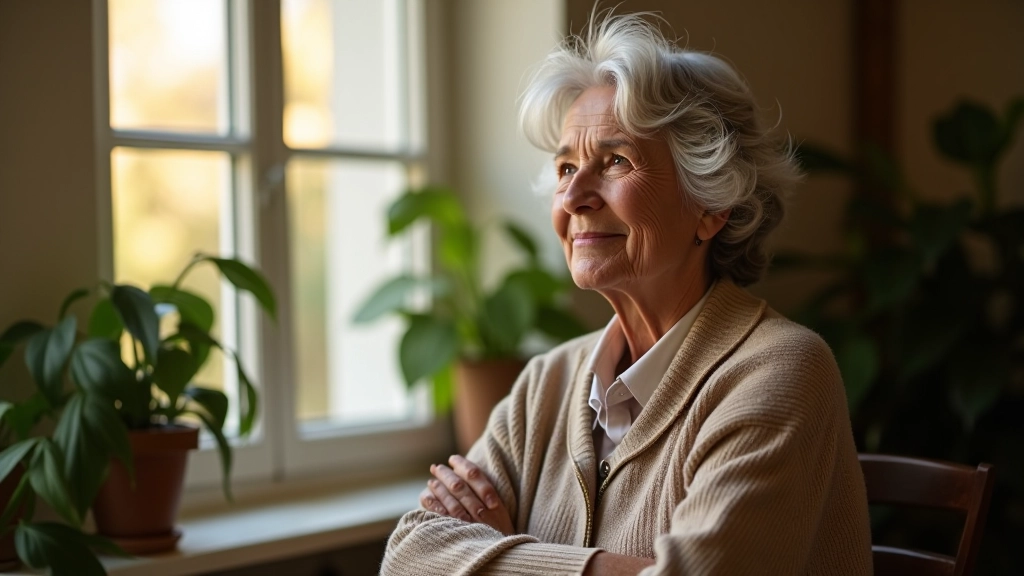 Mature woman in thoughtful pose, portrait shot, natural lighting, contemplative expression