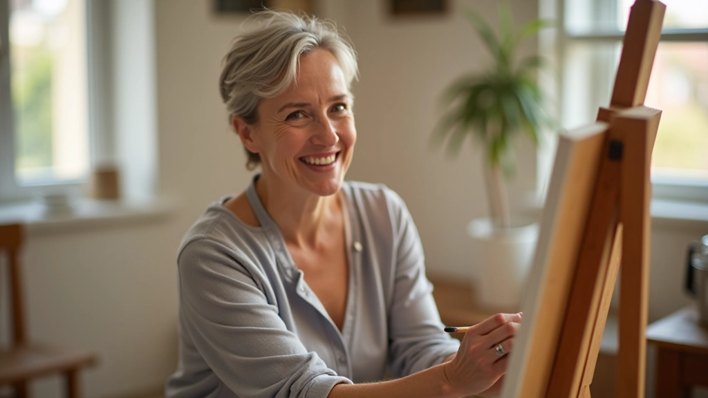Mature woman smiling while painting at easel in bright studio space, creative confidence visible